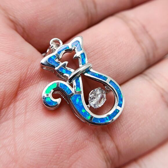 925 Sterling Silver FIRE OPAL Necklace Gemstone Necklace Opal Cat Pendant - Picture 3 of 10